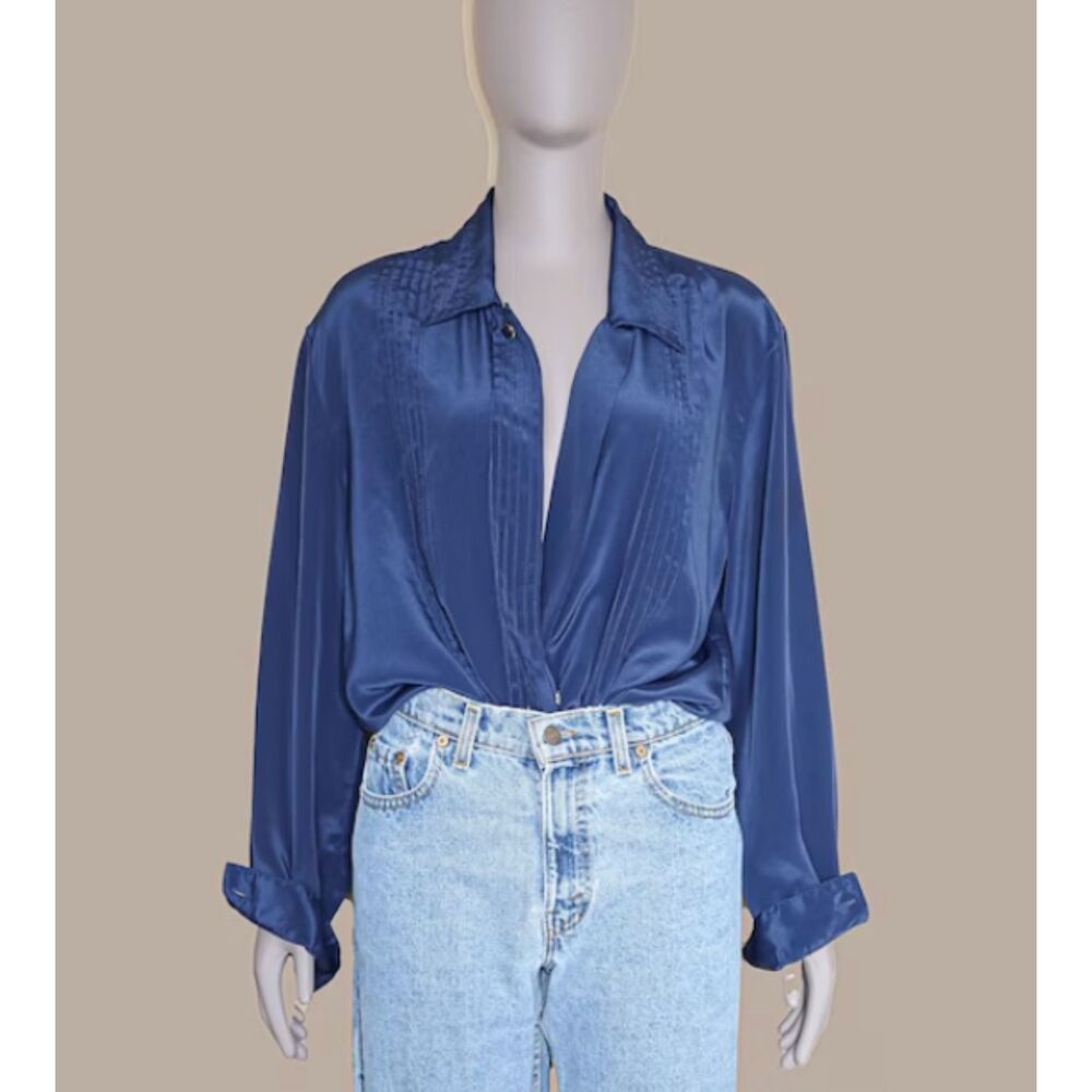 Navy Blue Satin Pleated Button Down Blouse Long Sleeve Oversized Vintage Size L